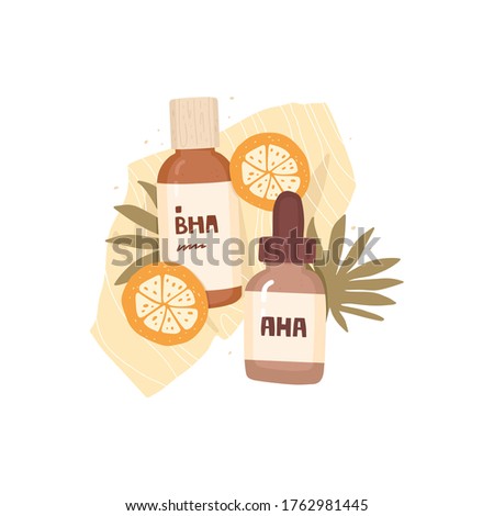 Towel and cosmetic packaging, tropical leaves, orange slices. Label inscription 