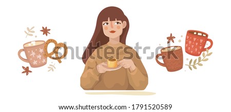 Set of vector illustrations with food. Cups with patterns and pastries. Hot drinks, spices, marshmallows. The girl drinks coffee. Romantic cozy mood, warm sweater, makeup. Breakfast, Cafe, rest.