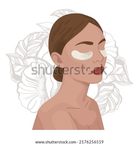 Beautiful girl, model. Hair is collected in a bun. Patches, big lips, red lipstick, makeup. Round drawn background of flowers and leaves. Spa procedures, skin care. Removal of puffiness under the eyes