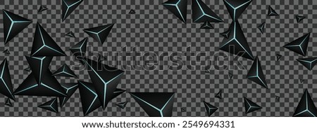 Dark Prism Background Transparent Vector. Jet Black Polygon Gradation. Triangle Cool Card. Onyx Creative Backdrop.