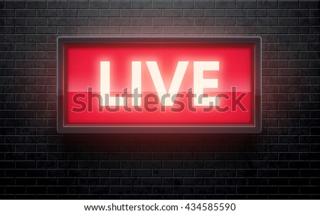 glowing live red sign isolated on black brick wall