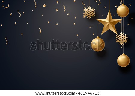 vector illustration of christmas background with christmas ball star snowflake confetti gold and black colors lace for text