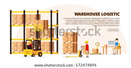 warehouse logistic background isometric objects car human forklift boxes workers vector eps 10