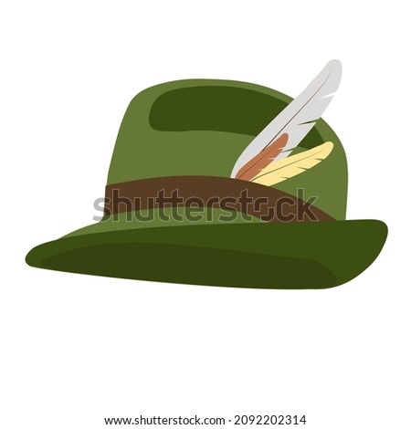 Tyrolean hat vector stock illustration. A headdress worn in parts of Austria, Germany, Italy and Switzerland. Green felt. Isolated on a white background.