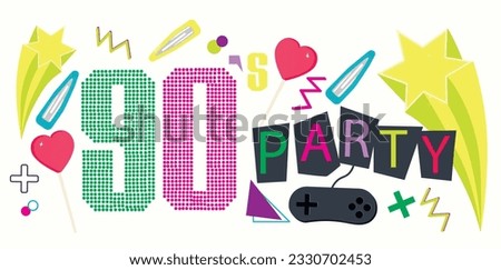The 90's.  Aesthetic fashion background and eighties graphic. Pop and rock music party event template. Vector illustration in trendy 80s-90s memphis style.