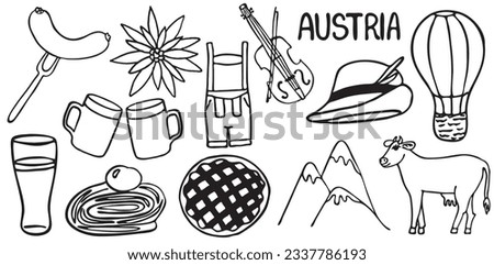 Austria sights. Vector illustration.  alps,  costume, tyrolean  hat hunter, tyrolean,  edelweiss, mountain, air balloon, violin, beer, sausages, strudel,  cow, viennese pie. Doodle collection. isolate