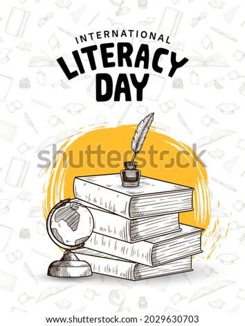 international literacy day with books, feather pen, ink, and globe, yellow brush isolated on white background