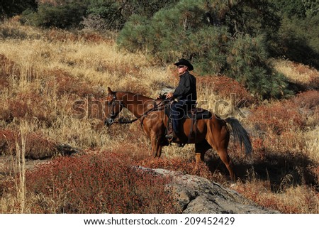 A cowboy riding up a mountain trail.