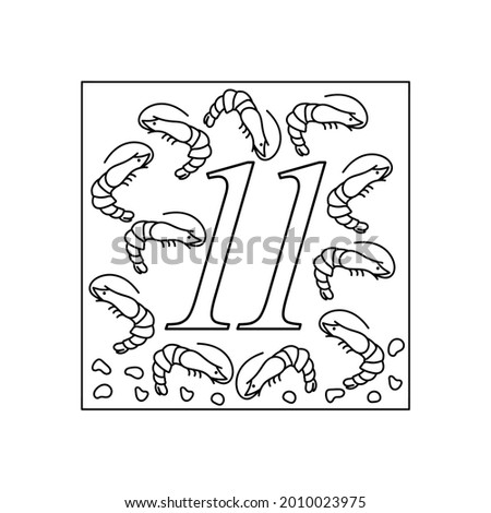 Coloring book for children, numbers. Eleven. Education and entertainment. Underwater world. Color it and count it. Vector illustration