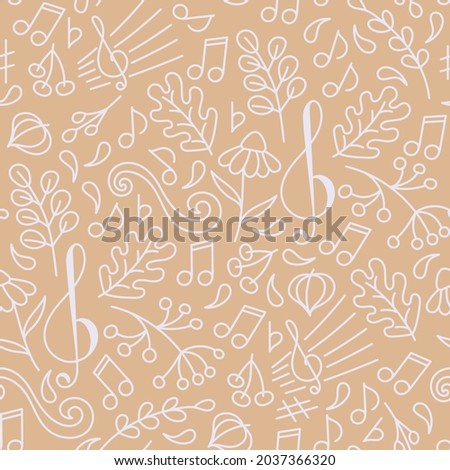 Doodle Seamless pattern . Autumn music. Backdrop of a music concert or festival. Oak leaves, berries, twigs, treble clef, musical signs. Hand-drawn vector illustration.