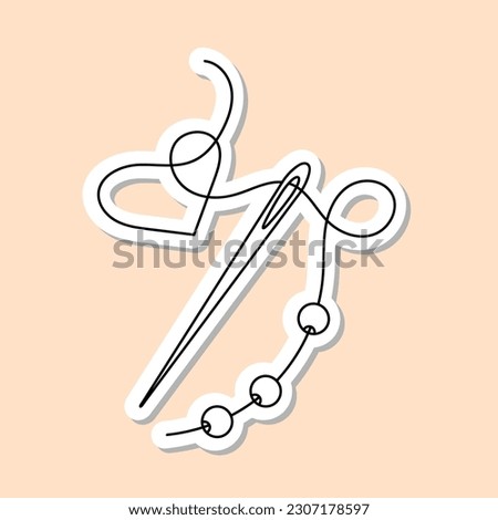 Sticker. Heart, beads on a thread, a needle. Love cards. Hand-drawn vector illustration