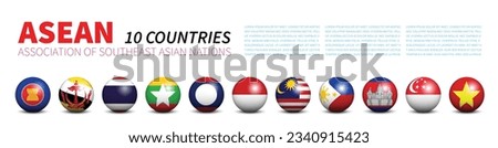 AEC Association of Southeast Asian Nations . Banner  circle balls line up and member flags design