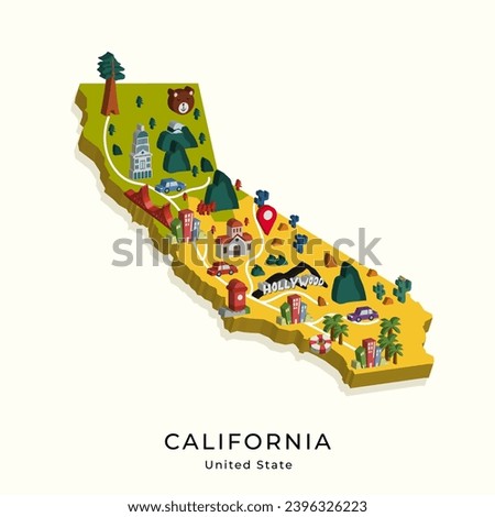 Isometric Map of California is a state in the United States which is the entertainment center of the world, Simple 3D Map. vector maps design