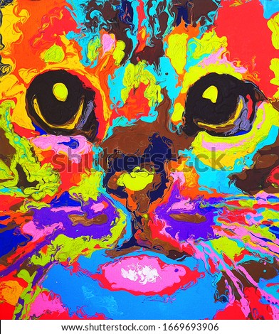Original painting of Face Cat Big colorful. Contemporary Abstract Painting on Canvas. Hand painting. Home decor.Art print. Arcylic on canvas. marble art painting. fluid art .Art print. Rainbow.
