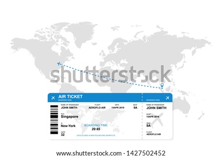Airplane ticket with world map background. Singapore - New York