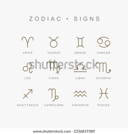 astrological sign symbols. minimalist vector. set of symbols for horoscope. 12 zodiac signs. Aries, Taurus, Leo, Gemini, Virgo, Scorpio, Libra, Aquarius, Sagittarius, Pisces, Capricorn, Cancer