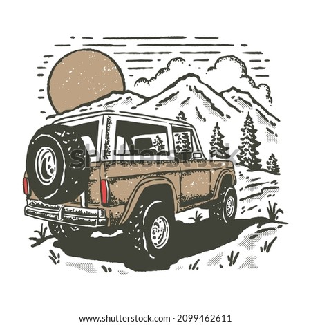 vintage offroad car in the mountain illustration