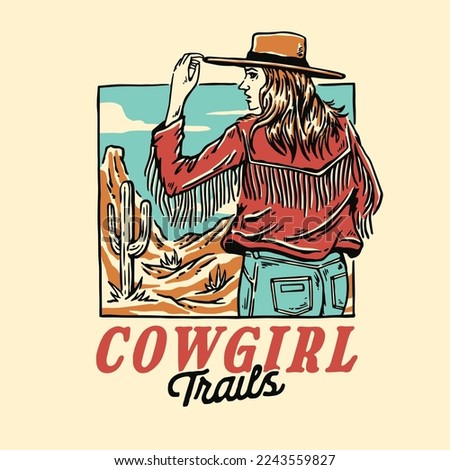 A vintage illustration of cowgirl in a desert