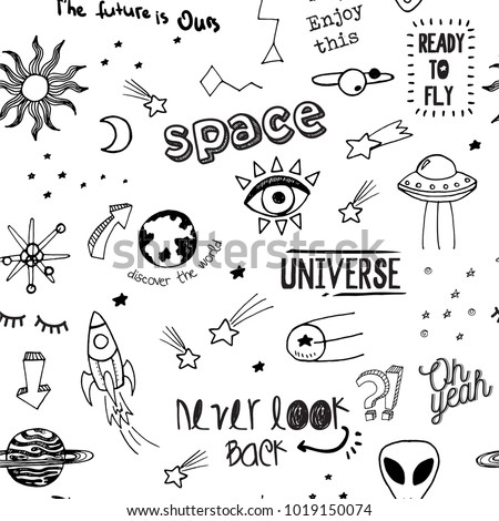 Vector seamless fashion sketch hand drawn pattern with space patches, lettering never look back, oh yeah, the future is ours, ready to fly, enjoy this, discover the world, sticker pack, notes, pins