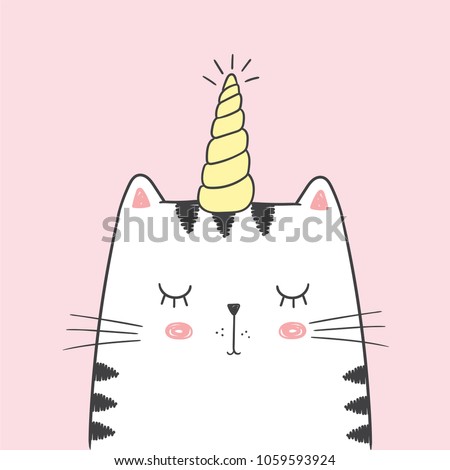 Cute vector illustration with white cat with unicorn horn drawn with a tablet. Lovely sleeping kitten with closed eyes isolated on a empty pink background, fairy tale character in kawaii anime style