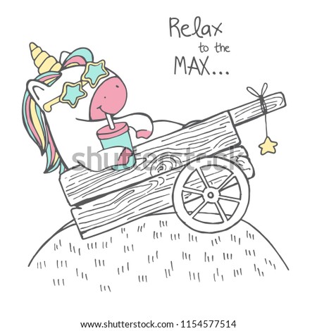 Vector sketch cute illustration of fairy tale unicorn sitting in wood cart with cocktail, fashion star glasses, summer spring card with hand drawn character, lettering relax to the max isolated white