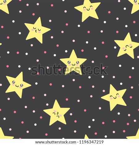 Vector illustration of cute kawaii seamless pattern with cartoon cookie stars in Japanese anime style, polka dot endless texture with emoticons on black background for fabric, textile, good night