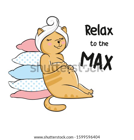 Vector illustration of cute cartoon brown cat with a white towel on his head, varicolored pillows, lettering relax to the max, cat resting after taking a bath isolated on white background