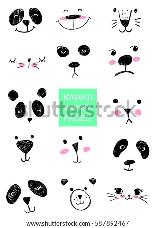 Set of kawaii animal's faces for t shirt, notebooks, card, fabric, fashion design. Trendy vector illustration drawing with a tablet. Handdrawn, freehand, imitation of children's drawings. Doodle art