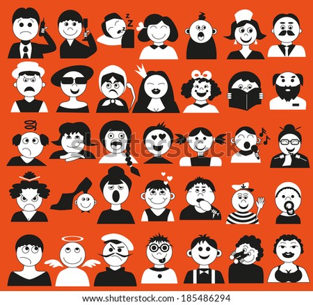 Image icons of people of different ages and emotsiina orange background.