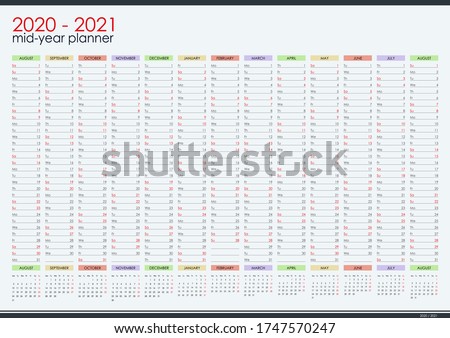 2020 - 2021 mid year wall planner. Academic year. Perfect for home schooling plan, schedule. Organizer, yearly planner template. Vector illustration. Vertical months. One page. Set of 12 months.