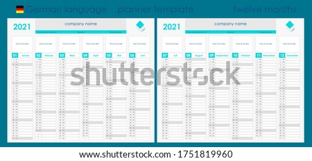 2021 Planner Calendar. Wall organizer, yearly planner template. Vector illustration. Vertical months. Two boards. Set of 12 months. Clear design. German language. Copy space for graphic or picture.
