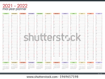 2021 - 2022 mid year wall planner. Academic year. Perfect for home schooling plan, schedule. Organizer, yearly planner template. Vector illustration. Vertical months. One page. Set of 12 months.
