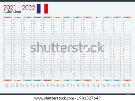 2021 - 2022 mid year wall planner in french language. Academic year. Perfect for home schooling plan, schedule. Organizer, yearly planner template. Vector illustration. One page. Set of 12 months.
