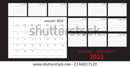 Calendar for 2023. An organizer and planner for every day. Week starts from Sunday. 12 months set. Wall layout. Clear template.