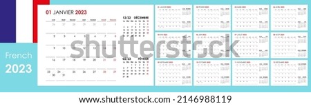 Calendar for 2023 year. An organizer and planner for every day. Week starts from Monday. 12 boards, months set. Wall layout. Clear template. French language.