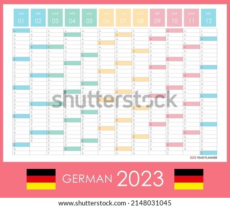 Planner calendar for 2023. Wall organizer, yearly planner template. Vector illustration. Vertical months. One page. Set of 12 months. German language.
 Stock foto © 
