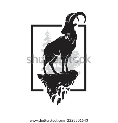 alpine ibex silhouette and forest at square background Vector illustration