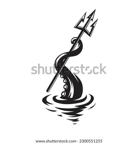 Tentacle and trident vector illustration. Kraken spear icon. Deep sea monster nautical mythology.