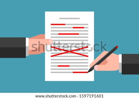 One hand is holding text document, another hand are editing content with red pen. Concept of text editing, error correcting, proofreading and spelling check. Document preparation before publication