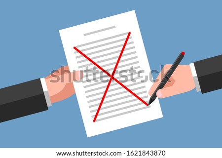One hand is holding document, another hand is crossing out text content with red pen. Concept of document cancellation, agreement disapproval, request refusal, error correcting and proofreading