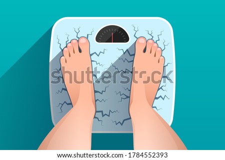 Woman is standing on broken cracked weight scales, over colored background, top view of female feet. Weight measurement of obese person. Concept of overweight, unhealthy lifestyle and dieting