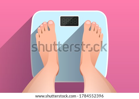 Woman is standing on bathroom scales over colored background, top view of feet. Weight measurement and control. Concept of healthy lifestyle, dieting and fitness