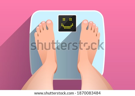 Woman is standing on bathroom scales with happy smiling face on display, over colored background, top view of feet. Weight measurement and control. Concept of healthy lifestyle, dieting and fitness