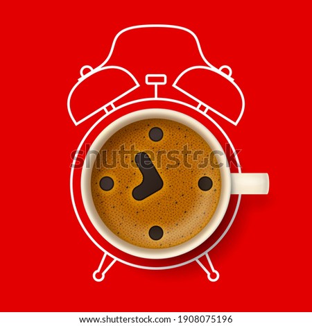 Cup of coffee with stylized clock face, hour and minute hands on frothy surface, with silhouette of alarm clock on background. Time to have a coffee break, coffee pause and relax, coffee time concept