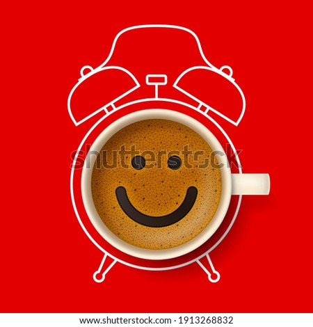 Cup of coffee with happy smiling face on frothy surface, with silhouette of alarm clock on background. Time to have a coffee break, relax and cheer up, coffee time concept