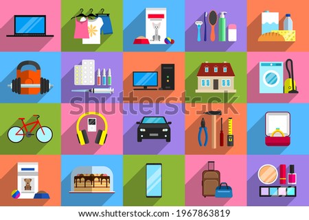 Various objects as potential purchases. Concept of purchasing power, consumerism, sale and buying of goods, shopping