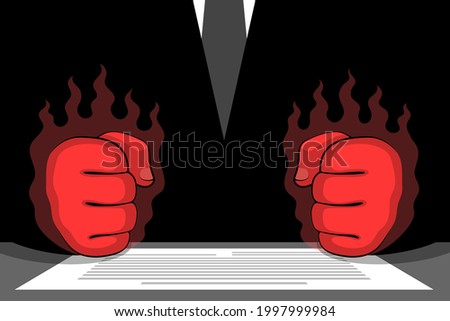 Clenched red fists of angry furious businessman or political person and document on table. Concept of being enraged from political failure, bad business deal, poor result, broken contract