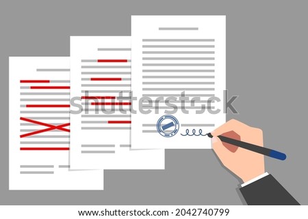 Stack of documents with red corrections, and boss's hand signing final corrected document. Concept of text correction and document preparation before signing