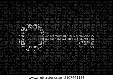 Many different letters, numbers and special symbols, and silhouette of key as symbol of password. Concept of strong password creating, password-protected data, information security