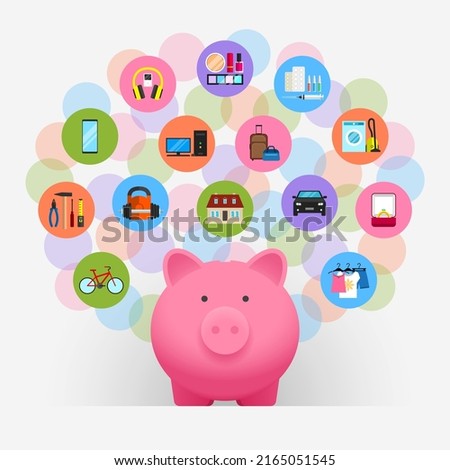Pink piggy bank and plenty of icons of goods around it. Concept of money saving and spending for purchasing of different products, using of family budget, careful income distribution